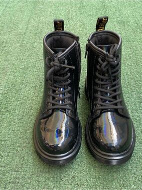Dr.marten Black Patent Lace-Up Combat Boots with Side Zipper